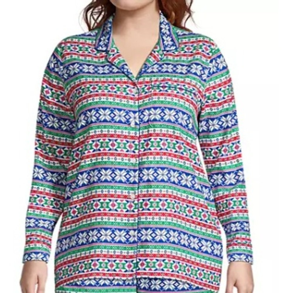 Lands End Pajama Top Women's Plus Size 2X Fair Isle Ivory Blue Red Cotton NWT